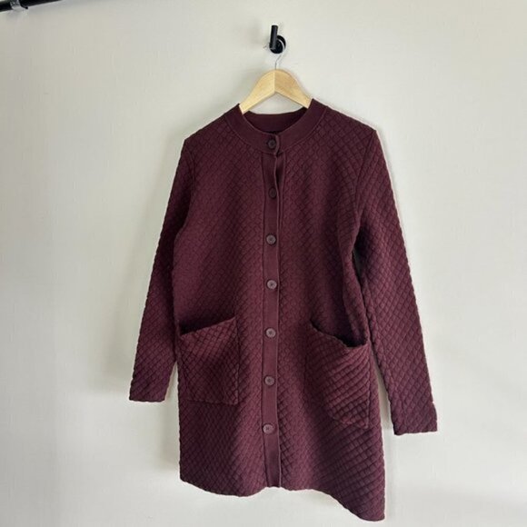 COS Textured Knit Long Quilted Jacquard Burgundy Cardigan Size S - Picture 4 of 7